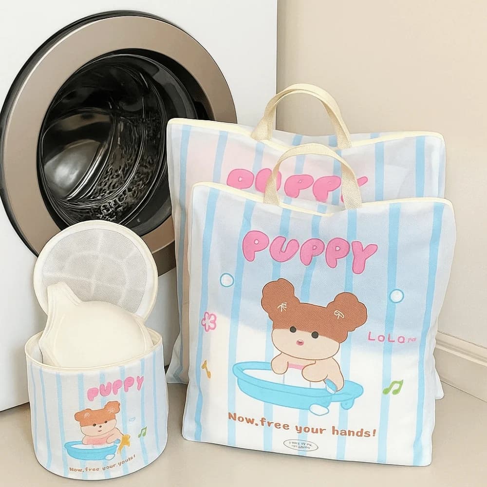 4Pcs/Set Cartoon Bear Laundry Bag Anti-deformation Zippered Puppy Mesh Laundry Bag with Handle Protective Clothes Washing Bag
