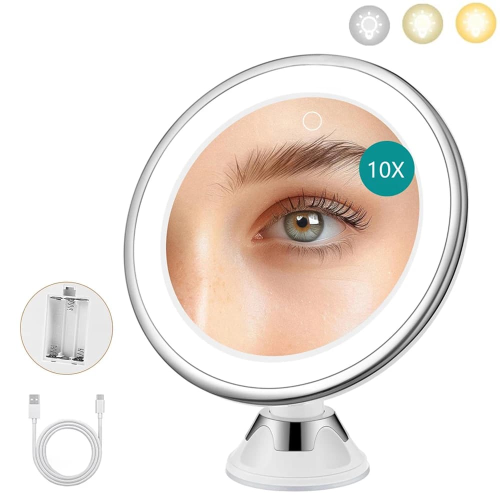 Specchio per Trucco Portatile con Ingrandimento 10X e 3 Luci Colorate, Specchio Cosmetico con Ventosa, Luminosità Regolabile a 360° ° Rotazione