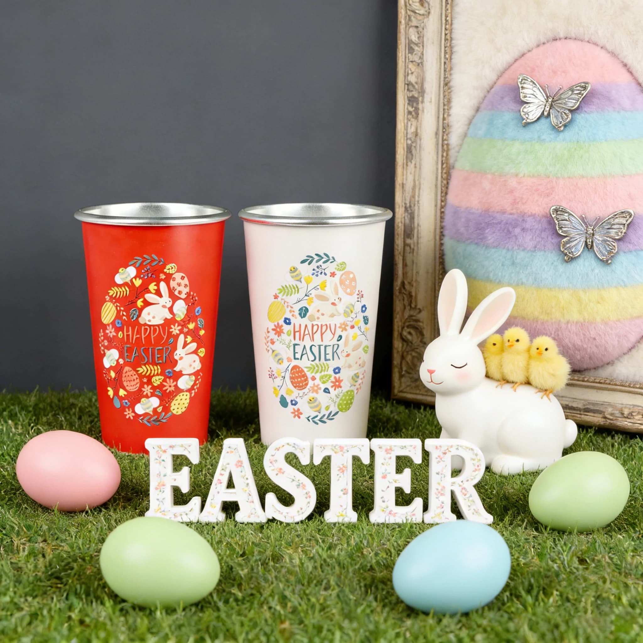 Tazza in Alluminio a Forma di Uovo di Pasqua 470ml — Divertente Bicchiere Colorato Rosso Cangiante per Pasqua, Leggero e Riutilizzabile per Feste dei Bambini