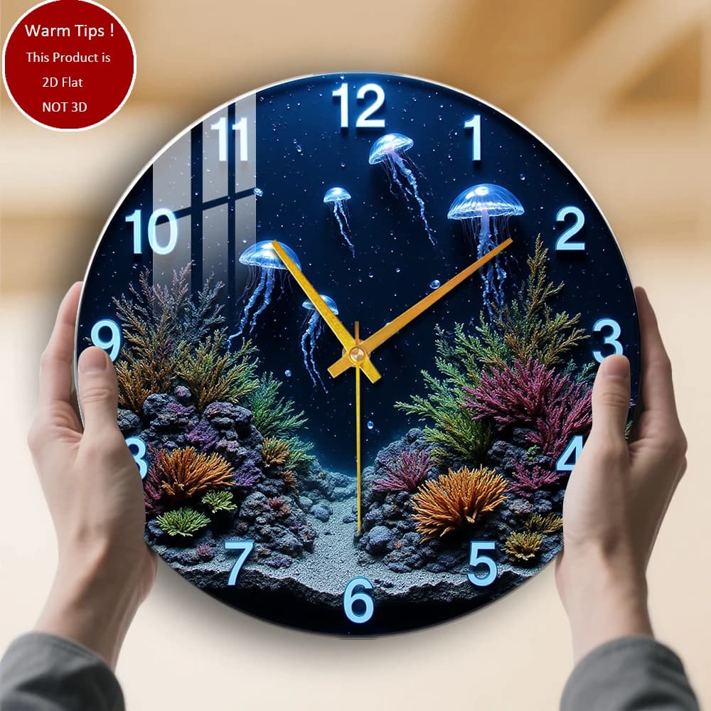 Tempered glass wall clock Coral reef watch with jellyfish suitable for home or table room wall decoration anywhere