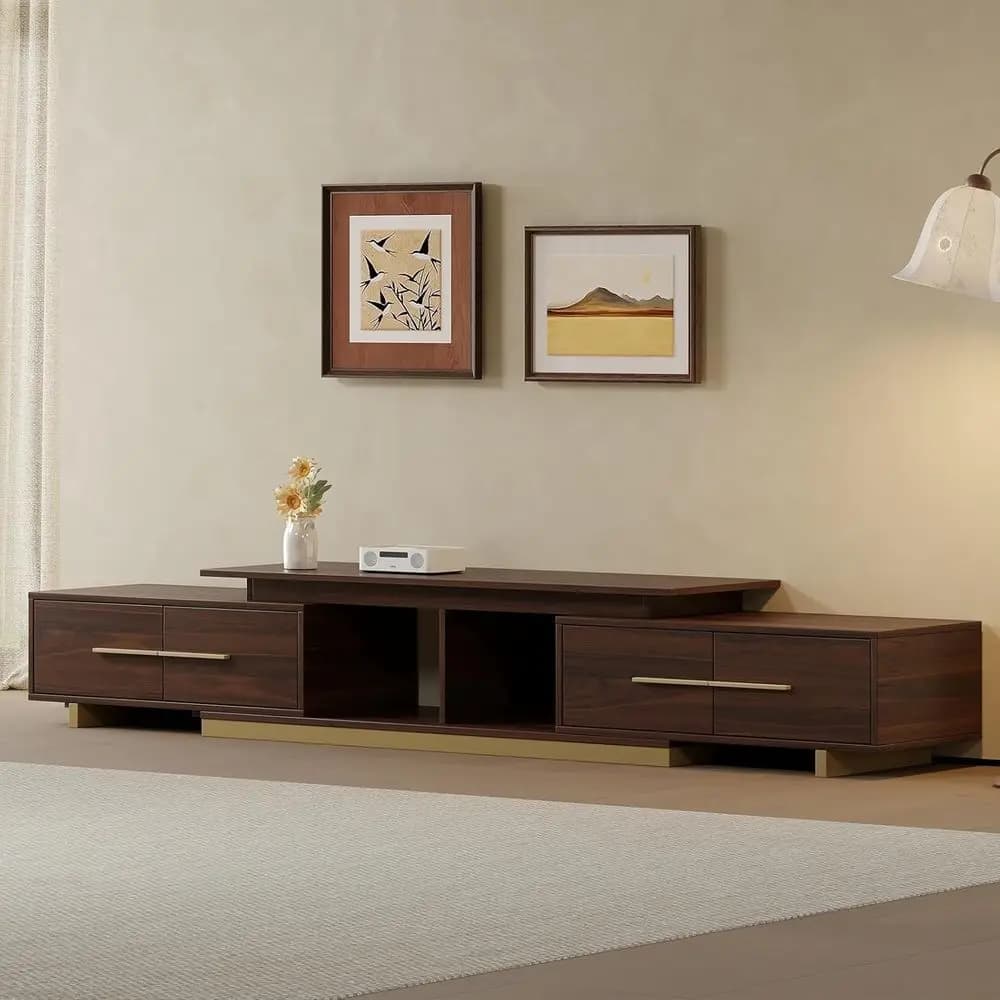 Mobile TV in Noce Stile Mid-Century per TV da 55-100 Pollici con 4 Ripiani, Gestione Cavi e Mobile Porta TV per Soggiorno (63.4-94.5L)