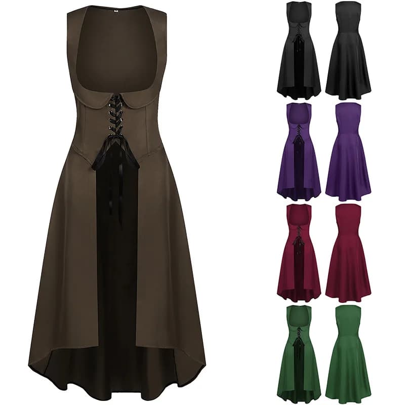 Retro Medieval Sleeveless Dress Steam Punk Waist Cinched Stage Halloween Party Cosplay Skirt Women's Ethnic Fashion Costume