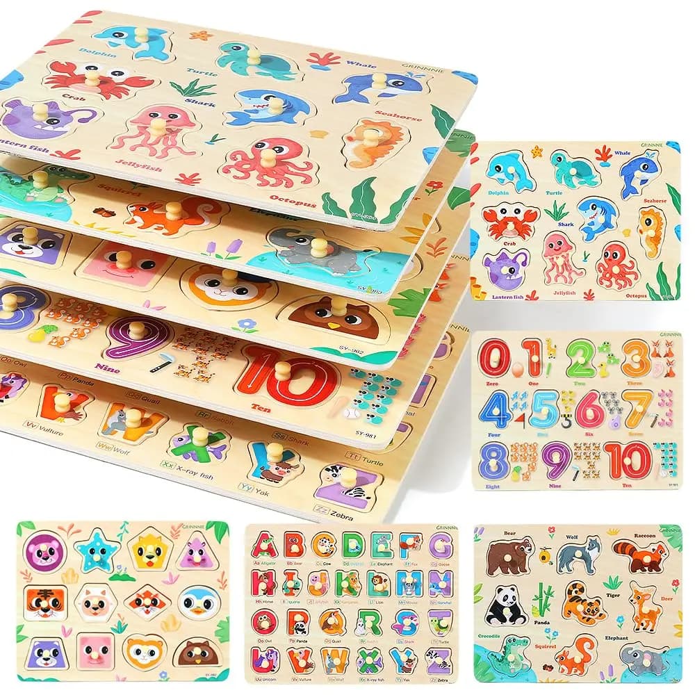 Giocattoli per bambini Montessori Puzzle con pioli in legno Scherzi a mano Giocattoli Tangram Jigsaw Animali del fumetto Frutta Puzzle 3D Giocattoli educativi