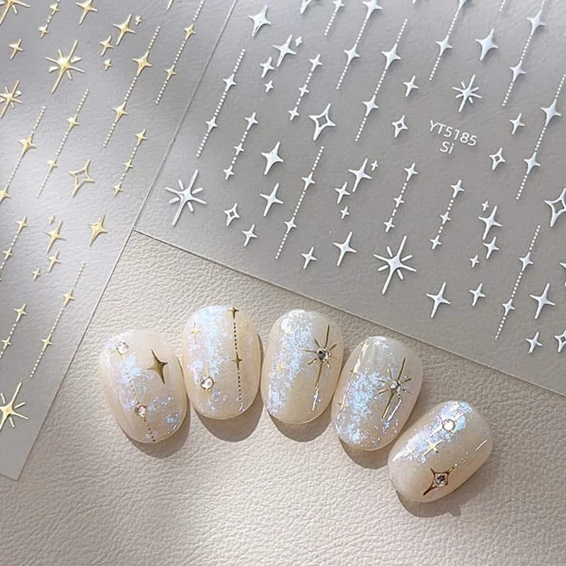 Gold Silver Stamped Starlight Laser Glitter Star Bronzing Rhinestones Relief Nail Art Decorations Stickers Manicure Decals