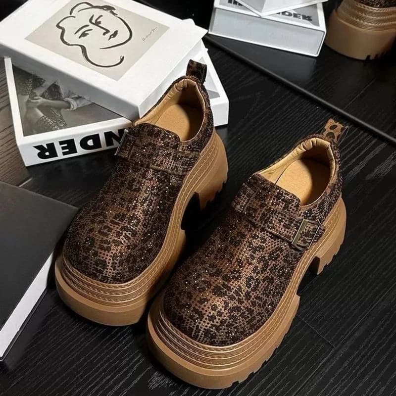 2025 Women's Platform Moccasin Shoes Print Leoped Rhinestones Korean Style Spring and Autumn Shoes with thick sole to increase height