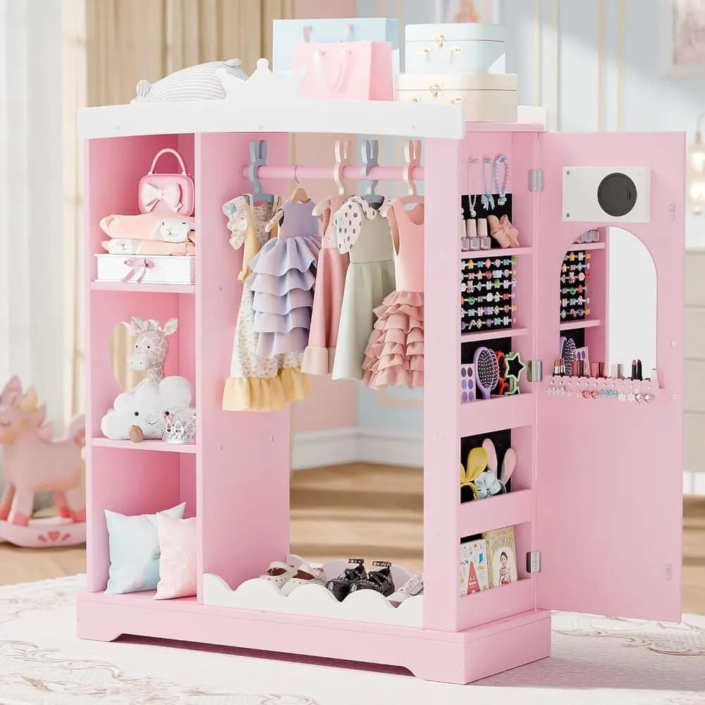 Kids Closet with lry Cabinet, Drup Storage with Shelves&Mirror, Costumes Wardrobe Closet with Hanging Rack or Toddlers,Organizer