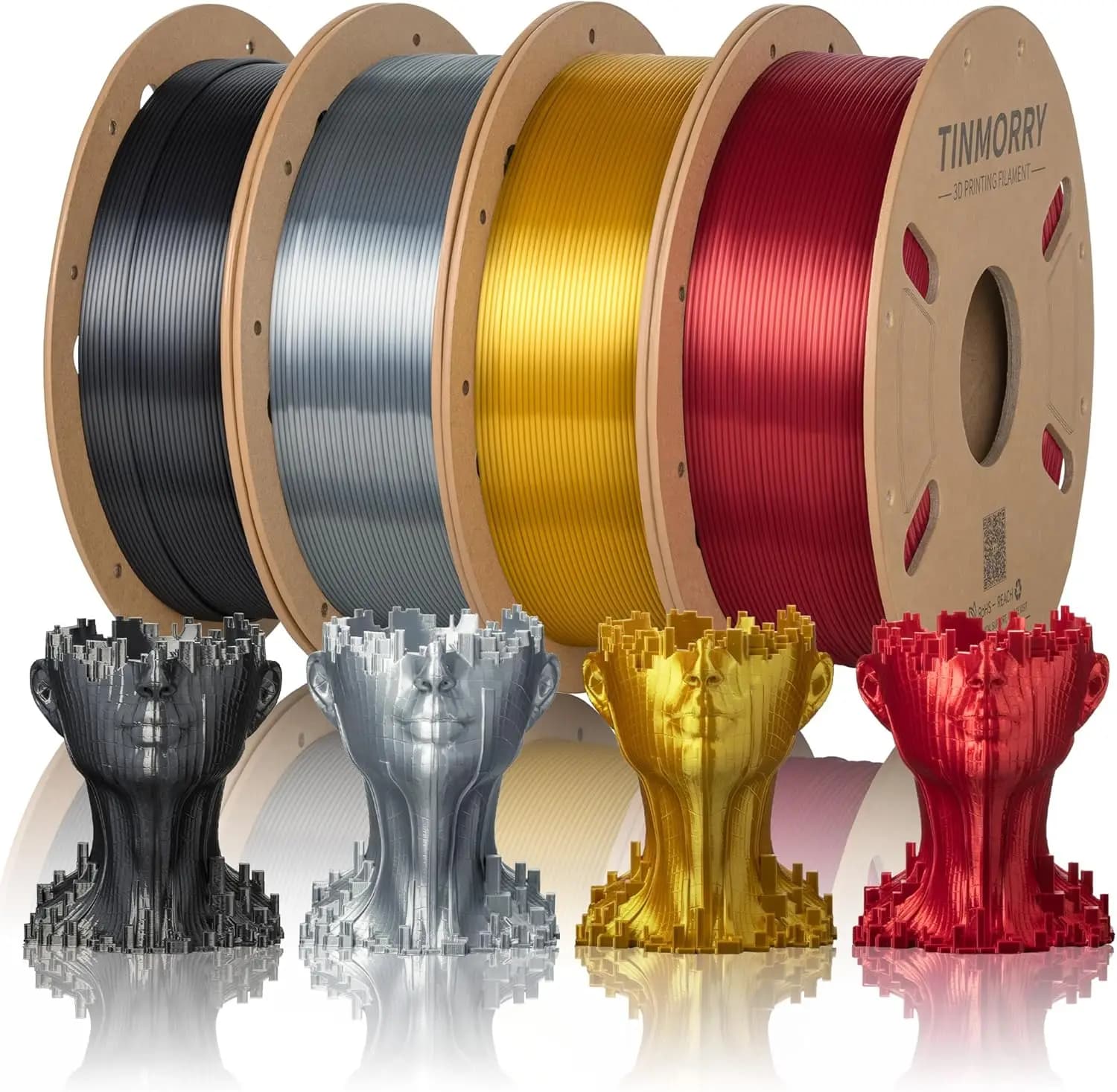Filamento PLA Seta 1.75mm Multicolore, Confezione da 4 Bobine da 750g Ciascuna, Rosso Oro Argento Ferro Nero per Stampante 3D