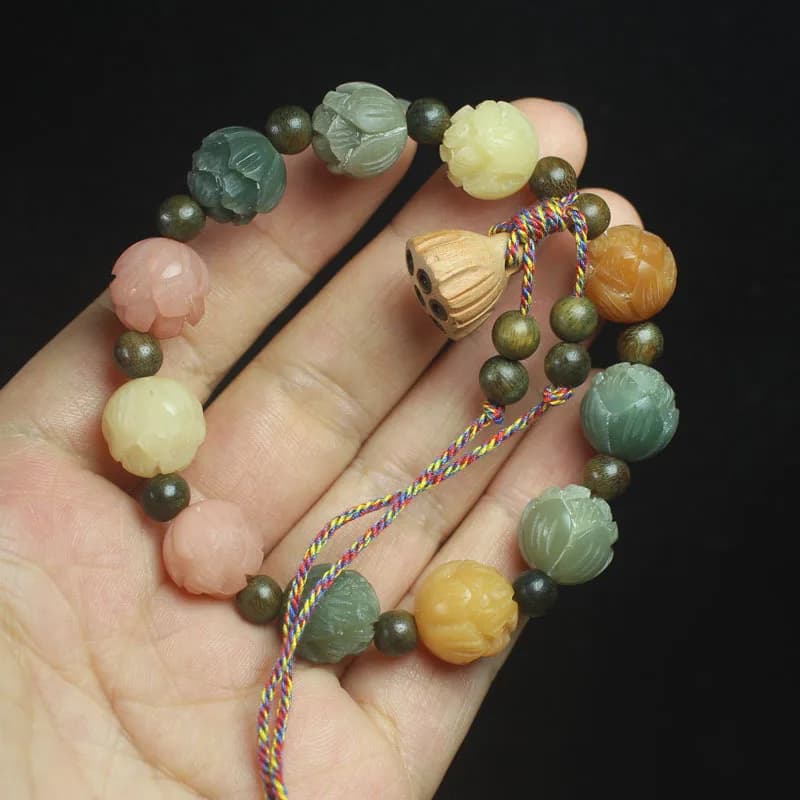 White Jade Money Flower Bead Bracelet Buddhist Prayer Beads, Lotus Blossoming by Step, Women's Bodhi Seed Brace