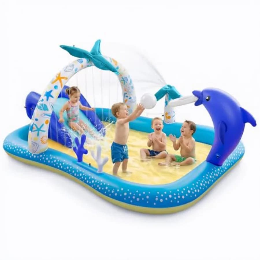 Kiddie Pool with Slide Inflatable Play Center for outdoor water play, PVC material, blue-white color, extra-large 95''x75''x40'
