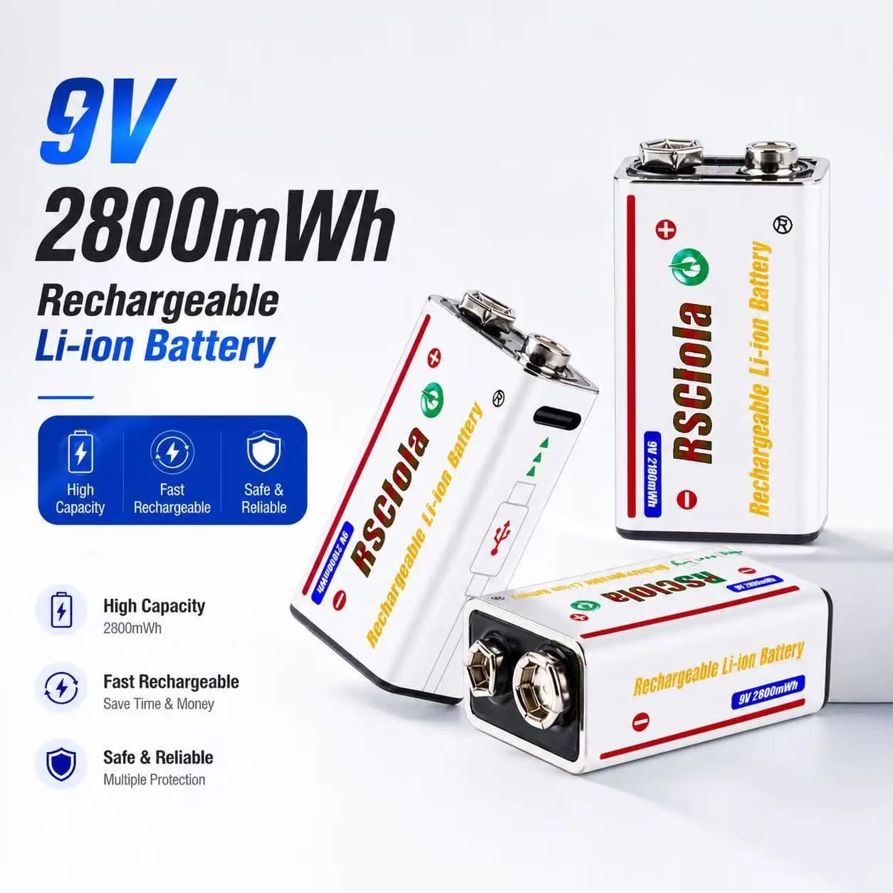 Batteria al Litio Ricaricabile Rscrola 9V 21800mWh, Ricarica Rapida USB-C, Lunga Durata per Rilevatori di Fumo, Pedali per Effetti Chitarra