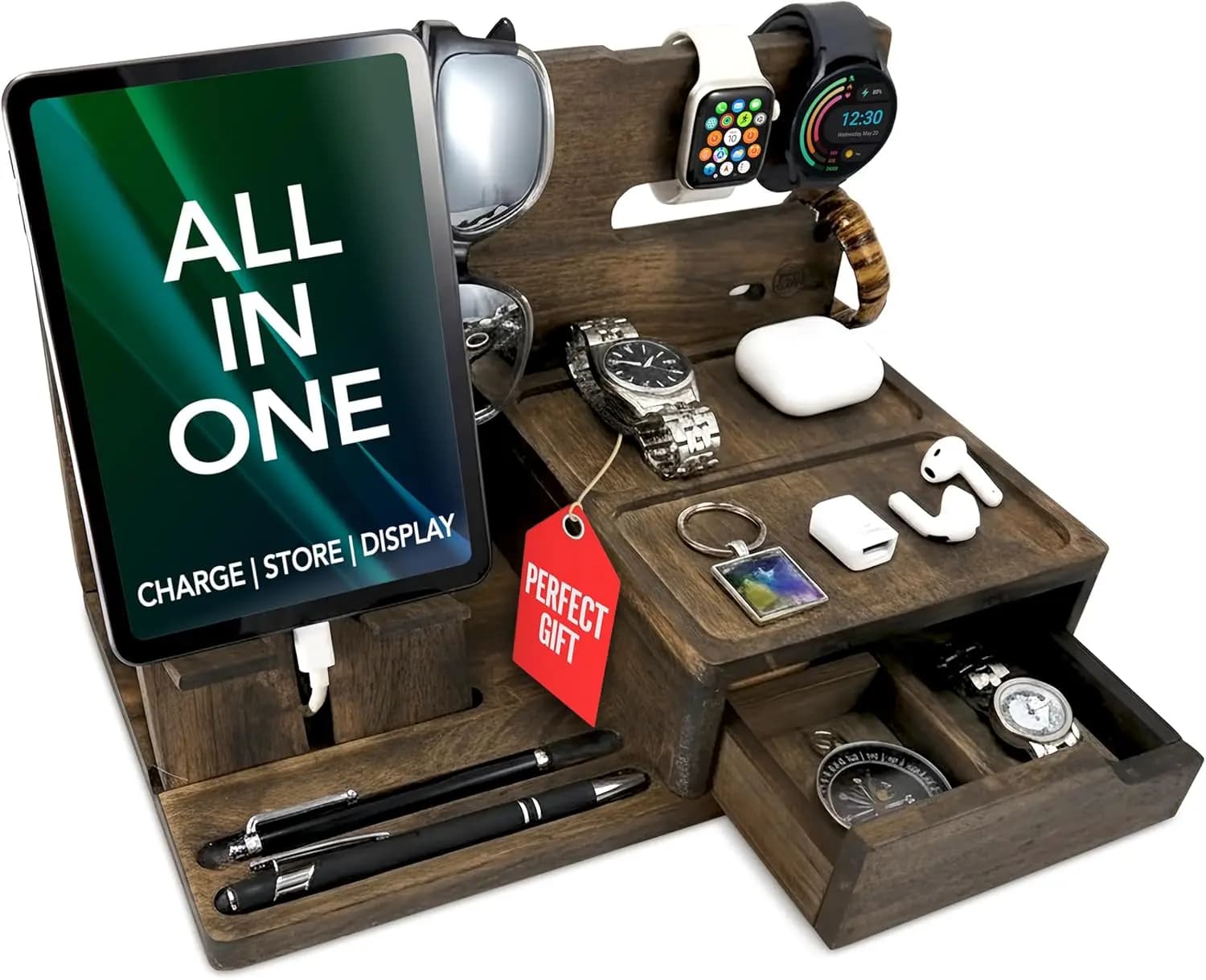 Organizer da Comodino Rustico con Supporto per Telefono - Regalo Perfetto per Uomini, Portaoggetti da Scrivania per Telefono, Orologio, Portafoglio e Chiavi