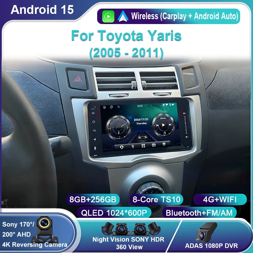 7 "Android 15 Autoradio Lettore GPS Per Toyota Yaris 2005 2006 2007 2008 2009 2010 2011 Stereo CarPlay Autoradio Video Bluetooth