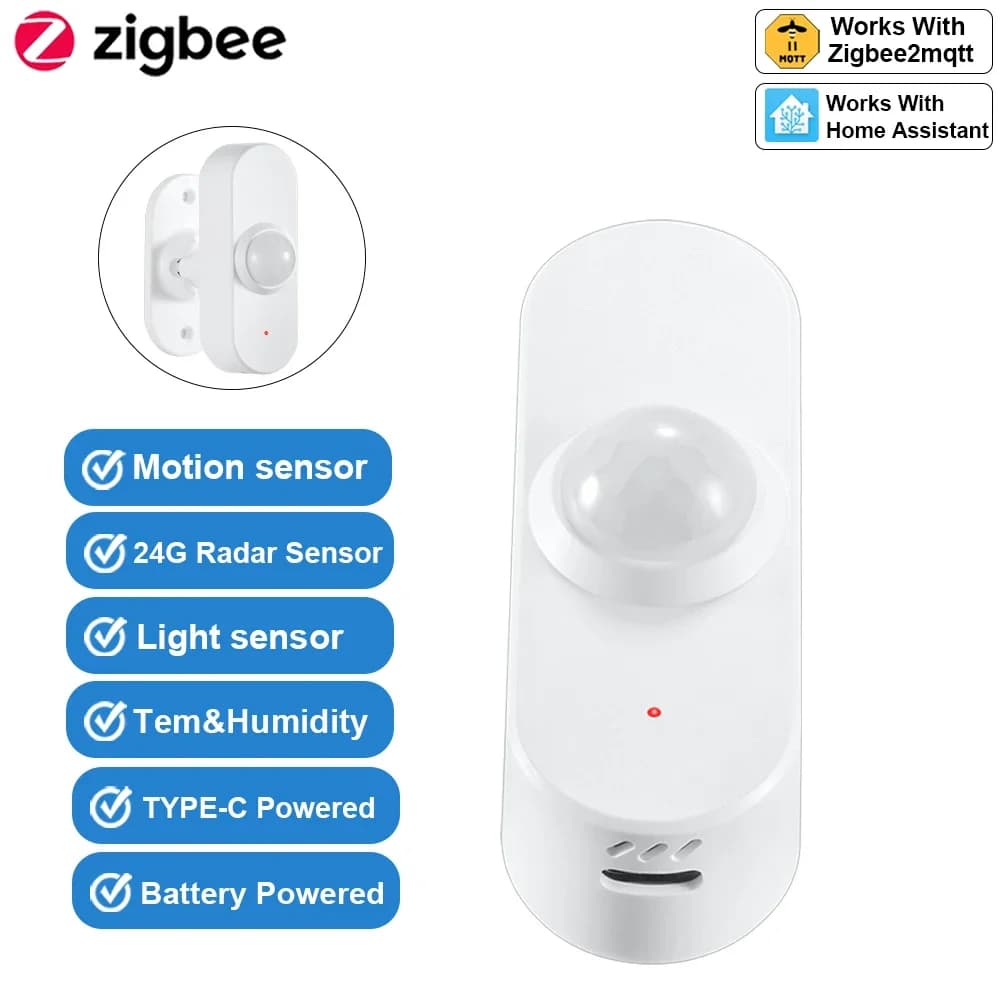 Haozee Zigbee 24G Radar Sensore di movimento di presenza umana TYPE-C/Assistente domestico alimentato a batteria Z2M Temperatura Umidità Luminosità D
