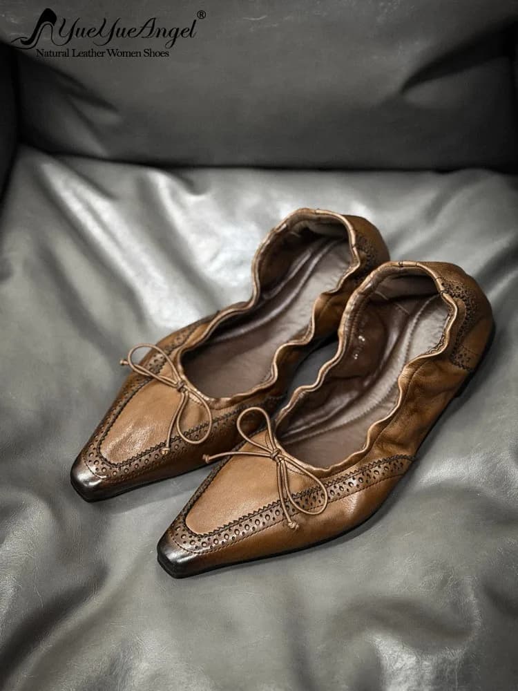 Vintage Women Genuine Leather Slip-on Pumps Autumn Female High Quality Cowhide Soft Sole Pointed Toe Flat Shoes Shallow Footwear