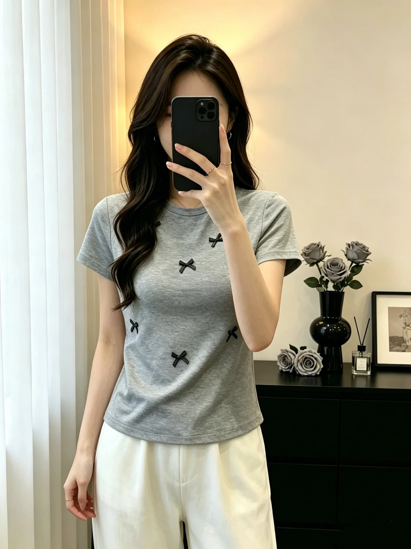 Sweet Style plus Size Women's T-shirt with Knot Short Sleeve round Neck Slimming Casual Top in Grey for Summer