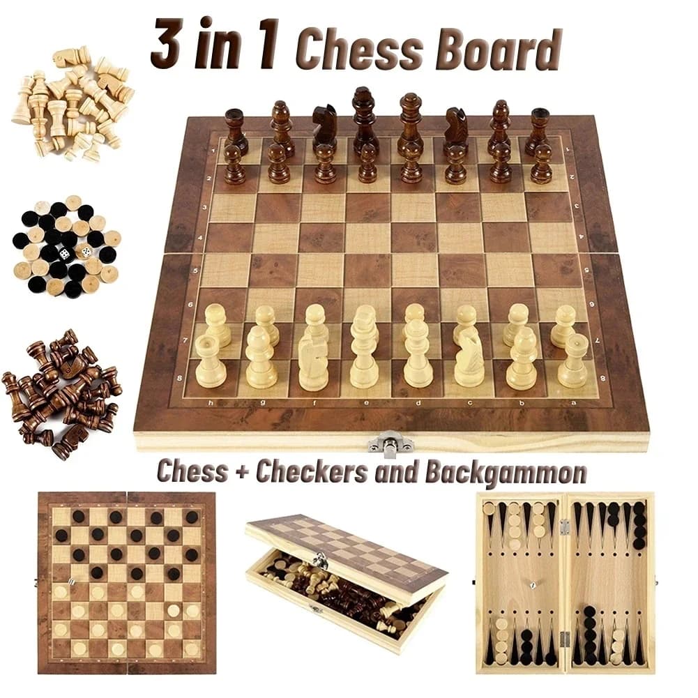 3 in 1 Wooden Checkers Backgammon Chess Set, Portable Folding Board Game for Travel, Party & Family Night Gift