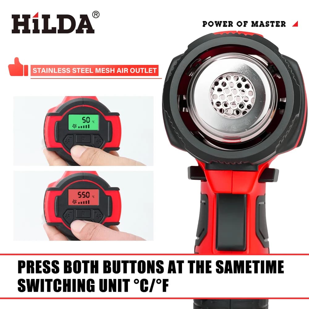 HILDA Pistola ad Aria Calda Senza Fili 21V, Temperatura Regolabile, Ricaricabile, Portatile, con Ugelli, Compatibile con Batteria Makita