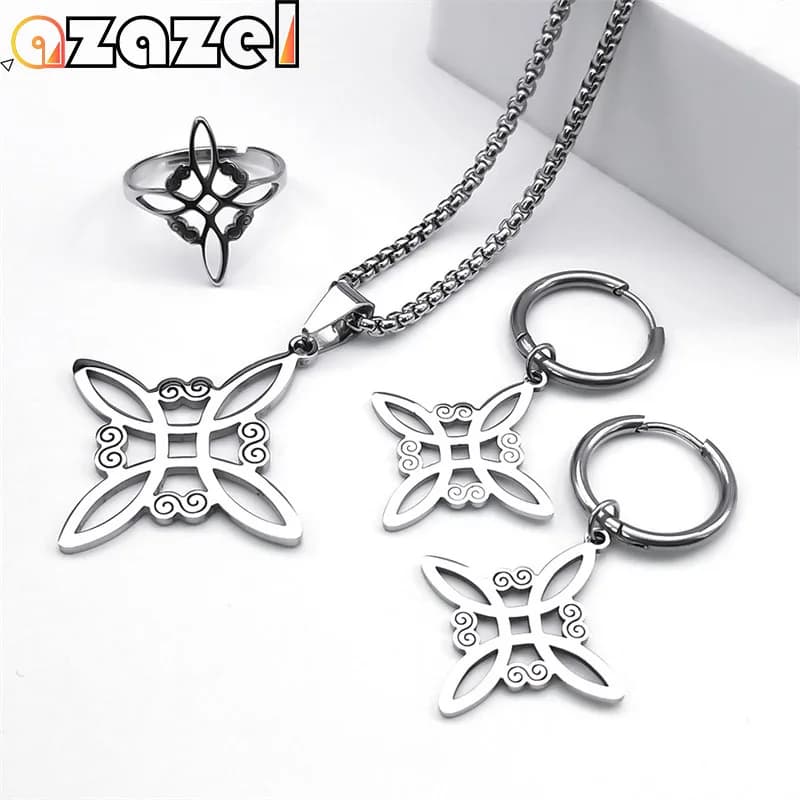 Set di gioielli in acciaio inossidabile Stregoneria Strega Collana con ciondolo nodo celtico irlandese Orecchini moda Bracciale Anello nudo de bruja