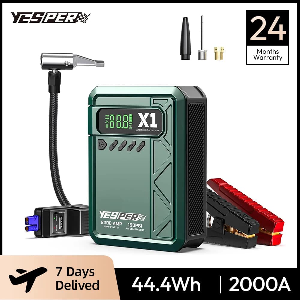 YESPER 2000A Avviatore di Emergenza e Compressore d'Aria – Gonfiatore Pneumatici 150PSI, Power Bank 12000mAh, Schermo LED, per Motori a Benzina 8L e Diesel 6L