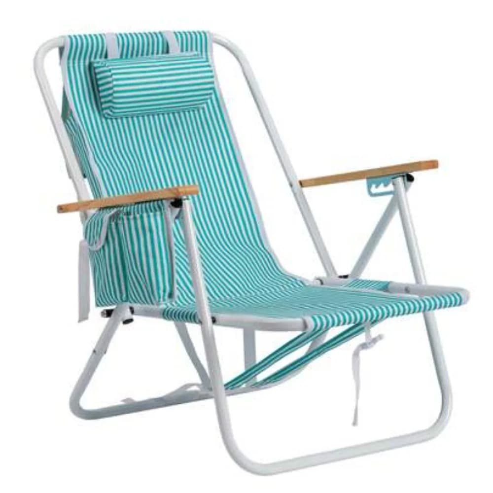 Adjustable 4 Position Folding Beach Chair Heavy Duty 265lbs Aluminum Frame Lounge with Wooden Armrests Side Storage Pockets Outdoor Camping Lawn Patio Backpack Chair Mint Green White Stripe