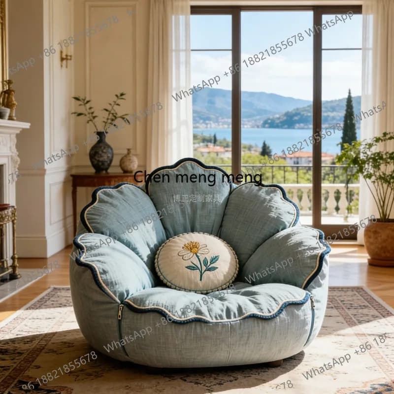 Flower-shaped sack sofa, in blue fabric, reclining and convertible into bed, petal armchair for relaxation