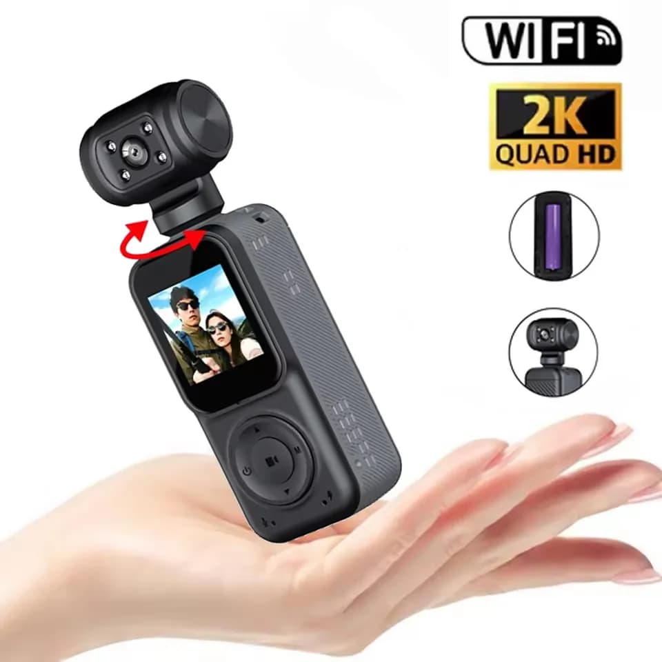 Action Camera Sportiva Full HD 2K Video WiFi Tascabile 180° ° Casco da Bici e Moto con Visione Notturna Orientabile e Slot per Scheda TF