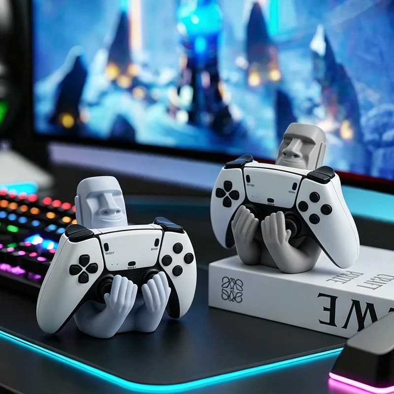 Funny Moai Stone Resin Gamepad Holder Easter Island Sculpture Controller Stand for Ps5 Xbox Switch Gamer Desktop Tabletop Decor