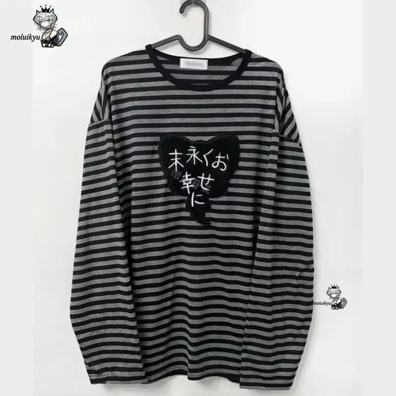 Y2K American Punk Vintage O Neck Long Sleeve Shirts All-Match Striped Design Harajuku Embroidery Tops Aesthetic High Street Tees