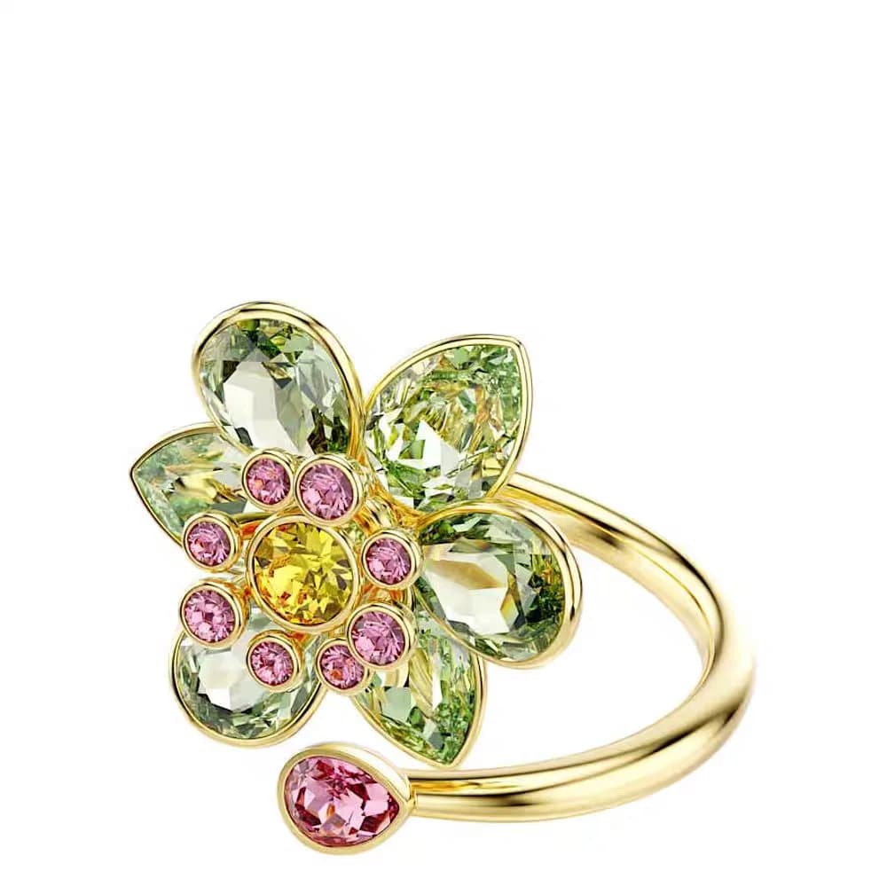 Nuovo anello da donna con zirconi a forma di fiore, lussuoso e leggero, con zirconi verdi e rosa scintillanti a goccia, anello aperto con zirconi colorati, misura regolabile.