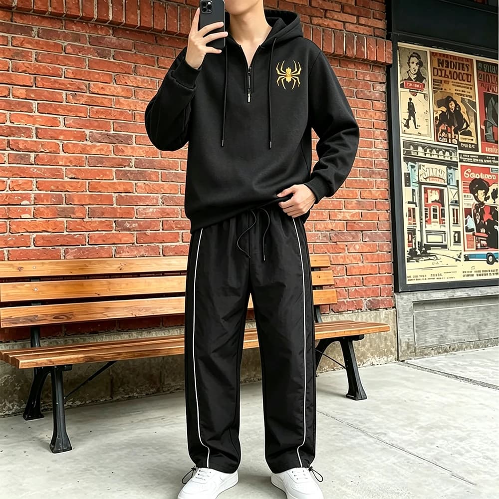 Mens Tracksuit Gold Foil Spider Print Half Zip Hoodie Side Stripes Adjustable Drawstring Hem Long Pants 2Pcs Casual Sport Set
