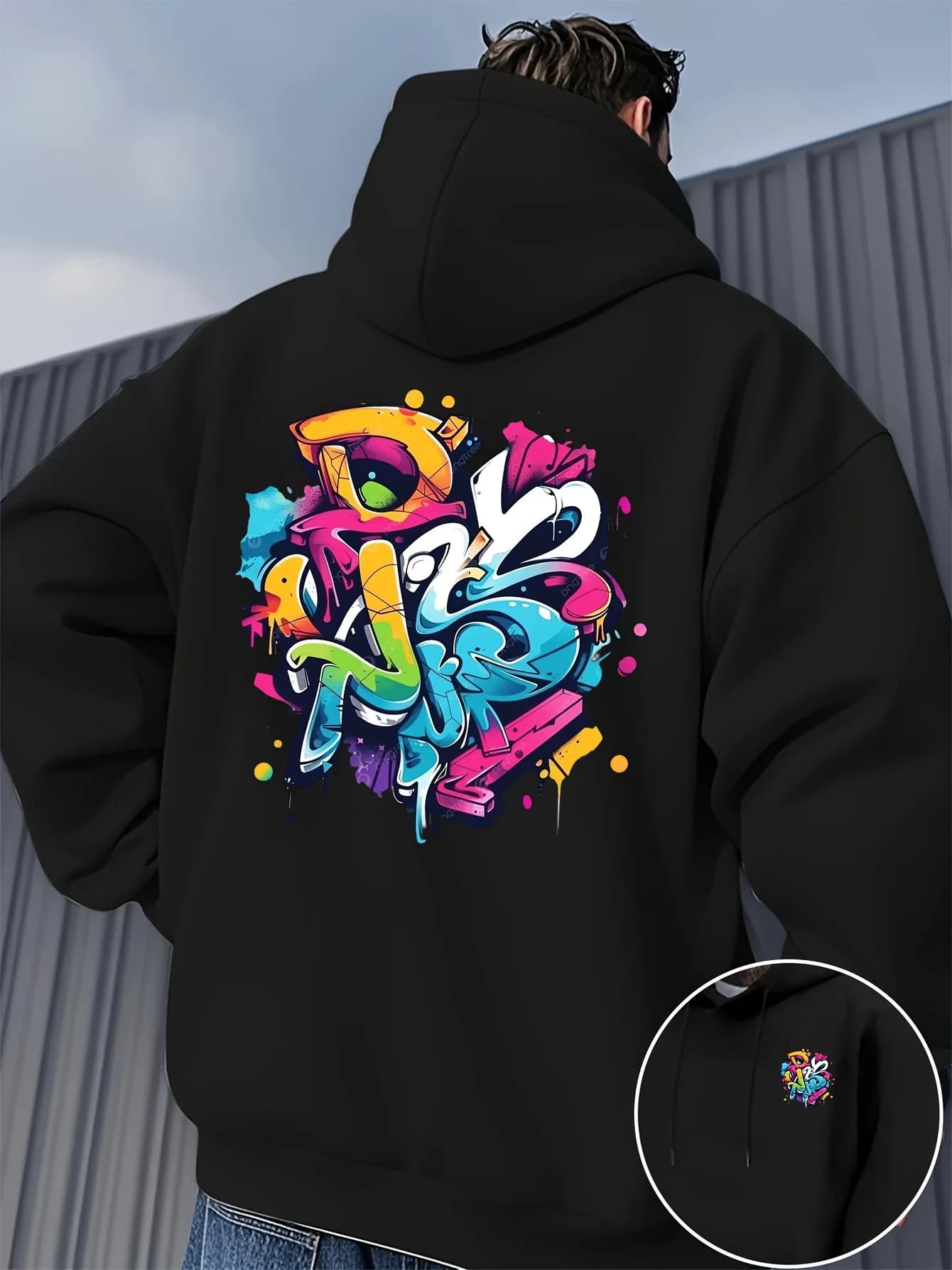 Men's "Art Word" Patterned Printed Down Jacket Thick Insulation for Cold Weather A Cozy Versatile Pullover Hoodie for Daily Wear