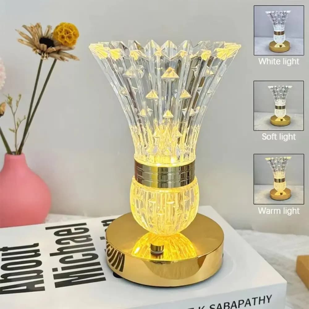 Lampada da Tavolo in Cristallo Dimmerabile con Controllo Touch Regolabile, Lampada da Scrivania LED a Luce Soffusa, Design a Vaso, Luce Notturna in Acrilico, Illuminazione da Comodino