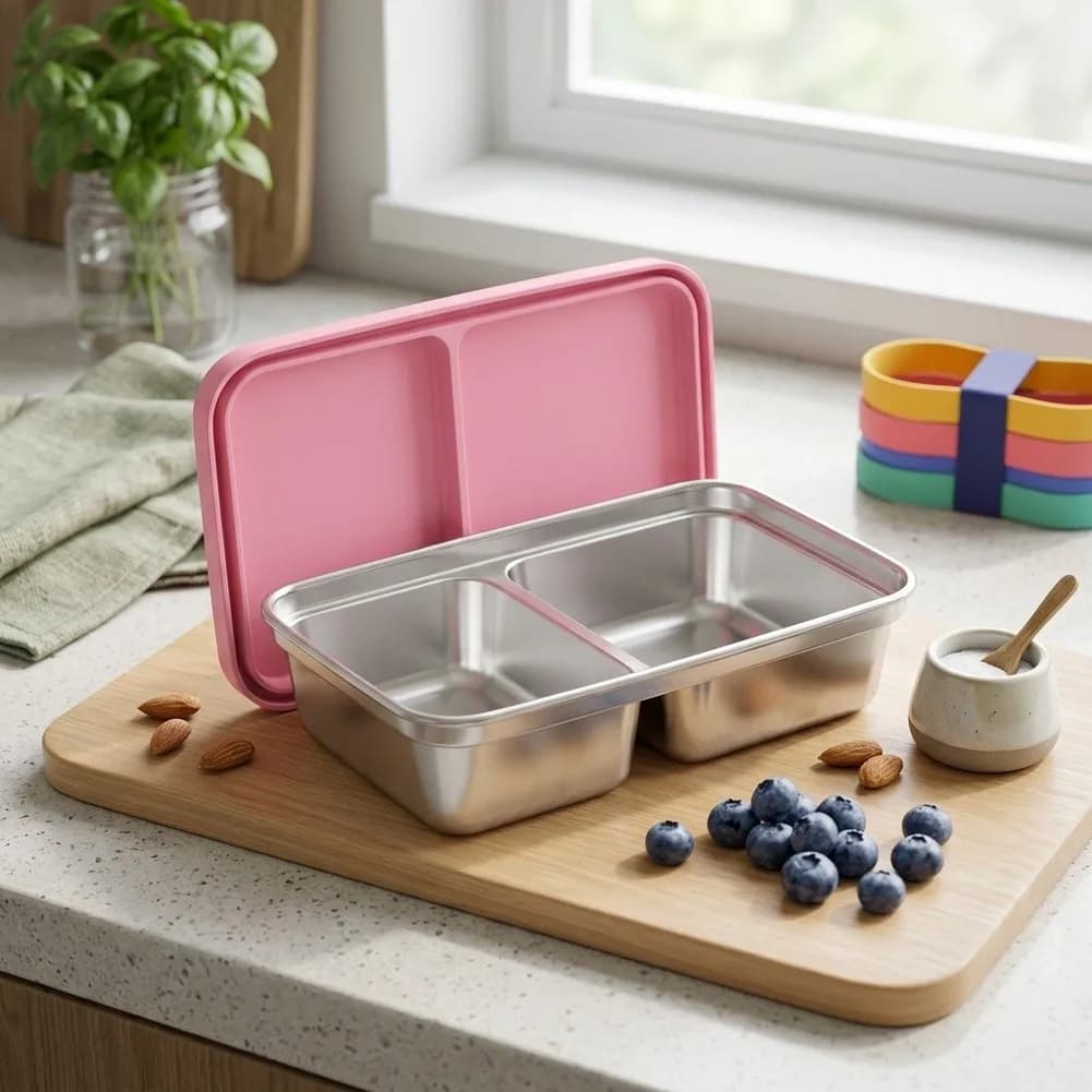 Stainless Steel Toddler Lunch Box with 2 Compartments Snack Container Stackable Metal Food Storage for School Lunches and Snacks