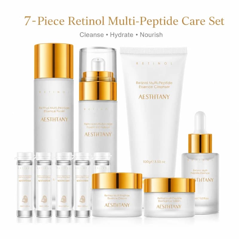 Set Skincare 7 Pezzi al Retinolo e Multi-Peptide, Routine Idratante per il Viso, Confezione Regalo con Tonico, Detergente, Essenza, Crema e Maschera per una Pelle Luminosa