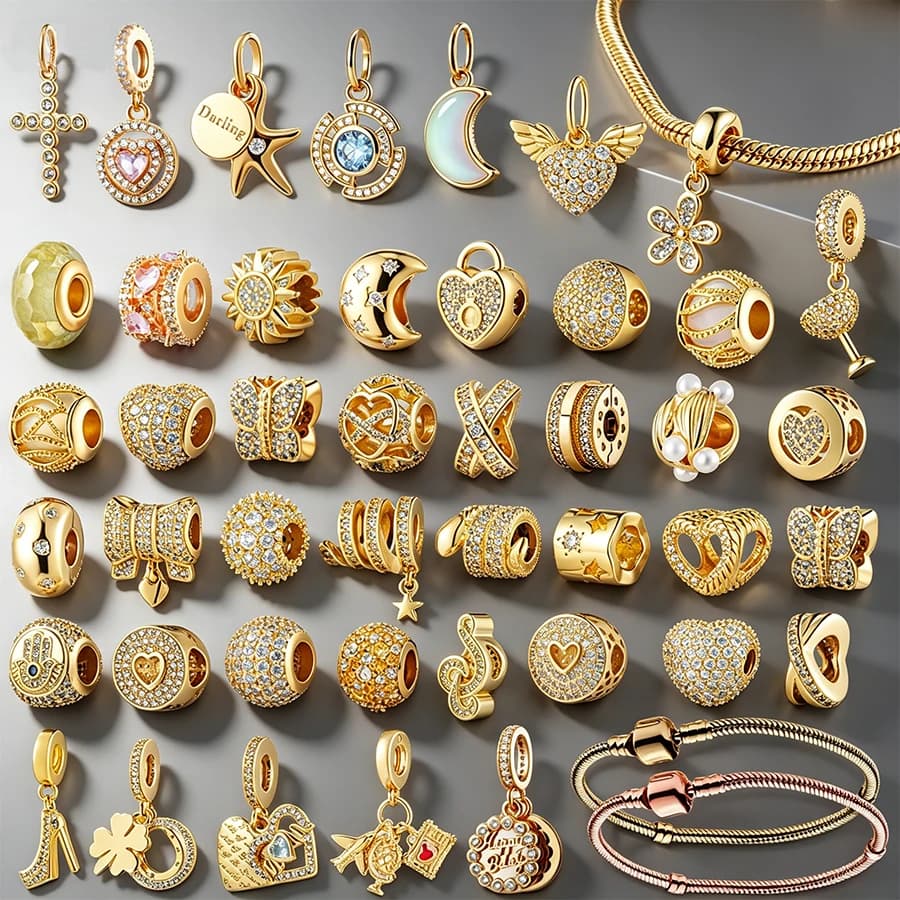 Ciondoli Placcati Oro Compatibili con Bracciali e Collane Originali in Argento, Perline a Forma di Stella, Luna, Croce e Cuore per Creazione di Gioielli Fai-da-Te, Regalo per Donne