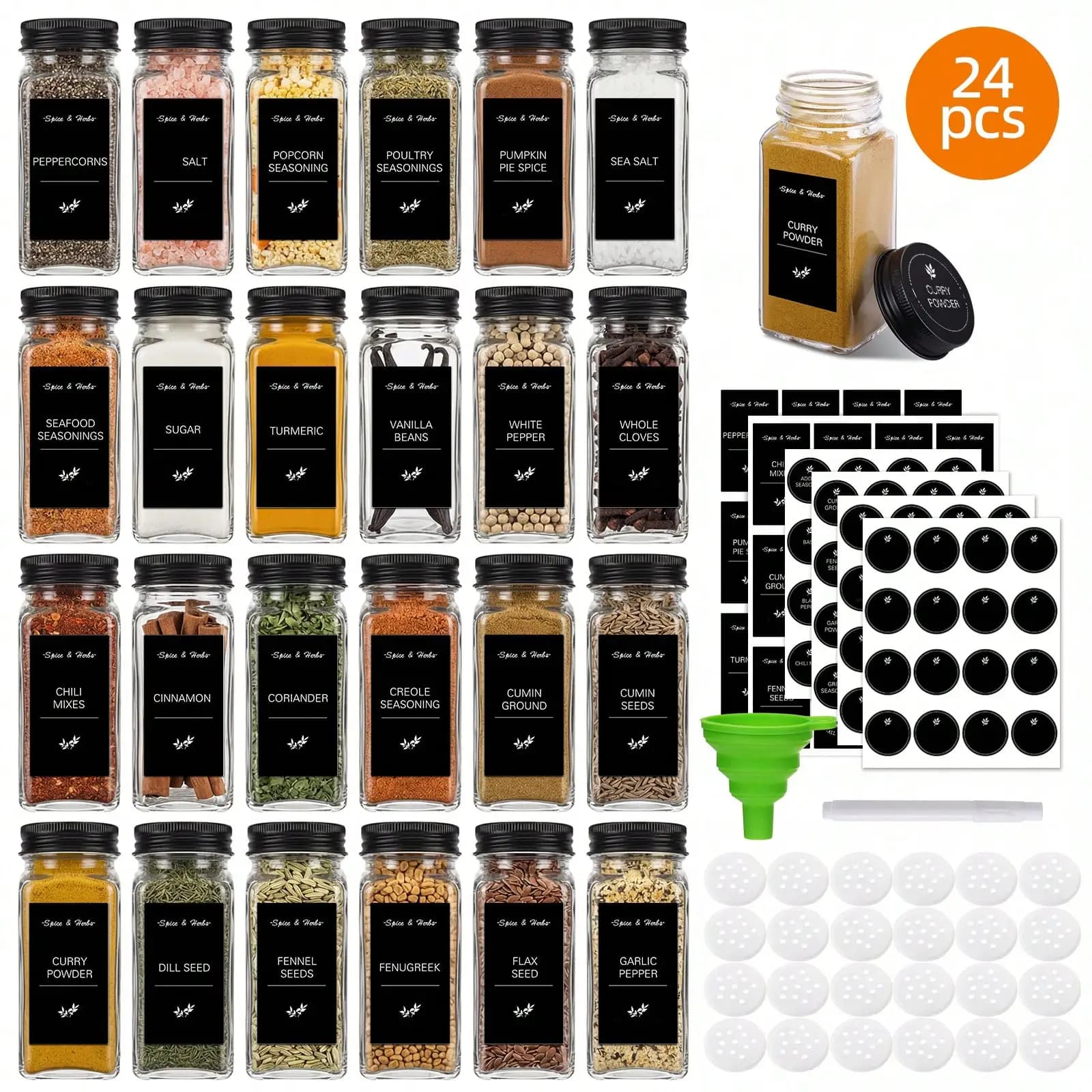 16/24/48 Pcs Glass Spice Jars with Shaker Lids & Airtight Metal Caps, Square Seasoning Containers Set with Labels Funnel Marker Pen, Kitchen Storage Organizer for Pantry Cabinet