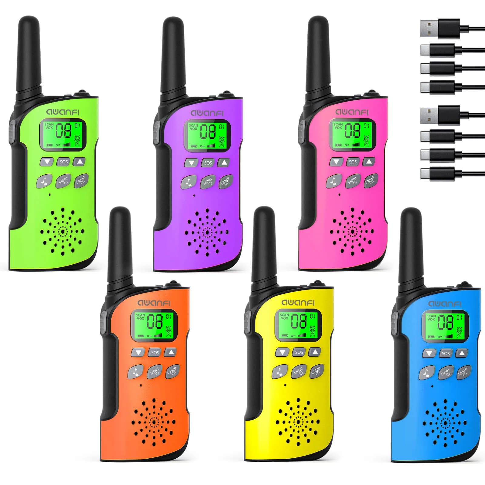 FRS/PMR446 Walkie Talkie per adulti e bambini, confezione da 6, ricaricabile, 1000 mAh, USB-C, torcia elettrica, cordino, VOX per US, CA, MX, UE, UK