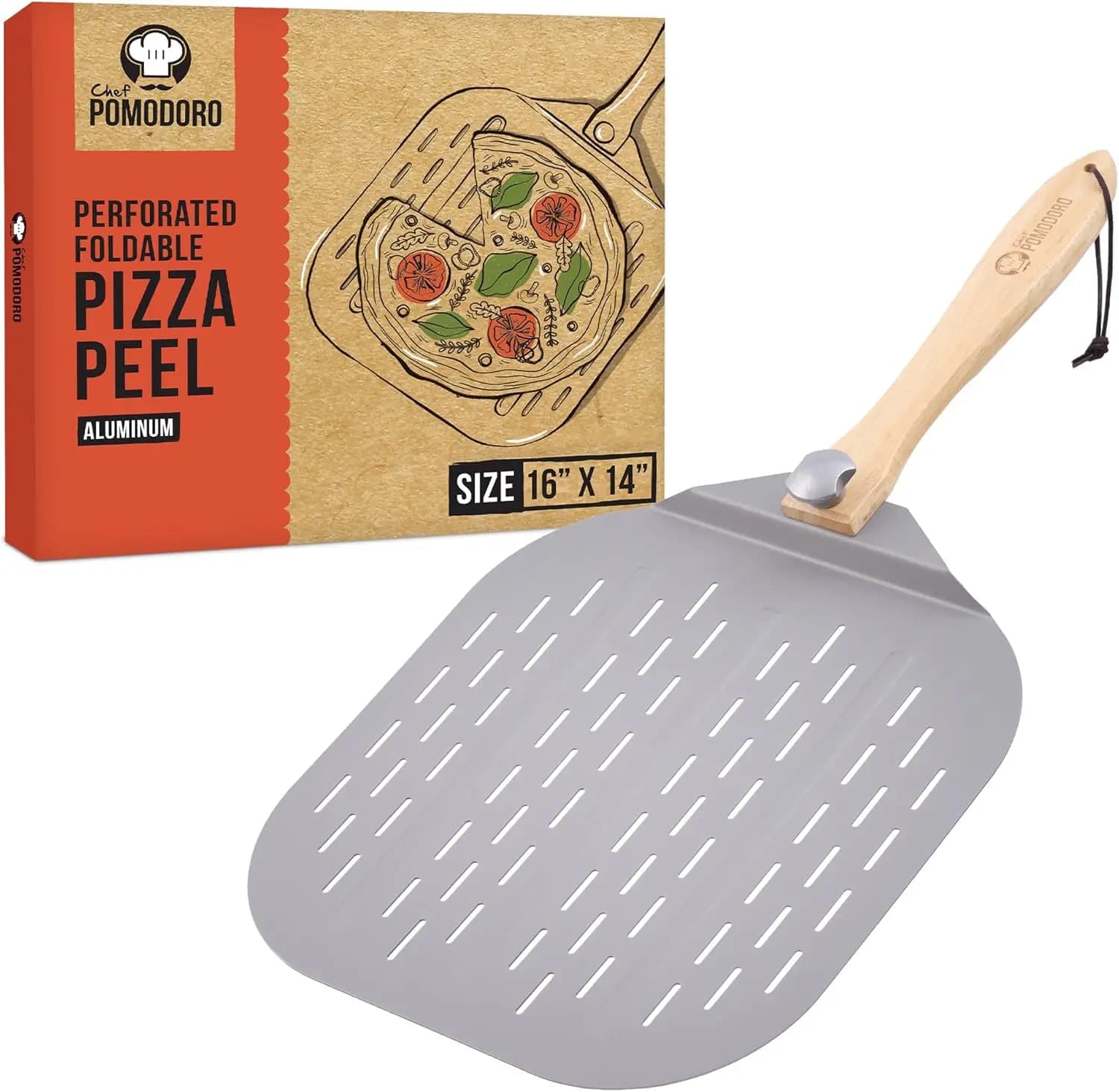 Buccia per pizza in alluminio da 16 pollici con manico in legno pieghevole per una facile conservazione e cuocere pizzas fatte in casa