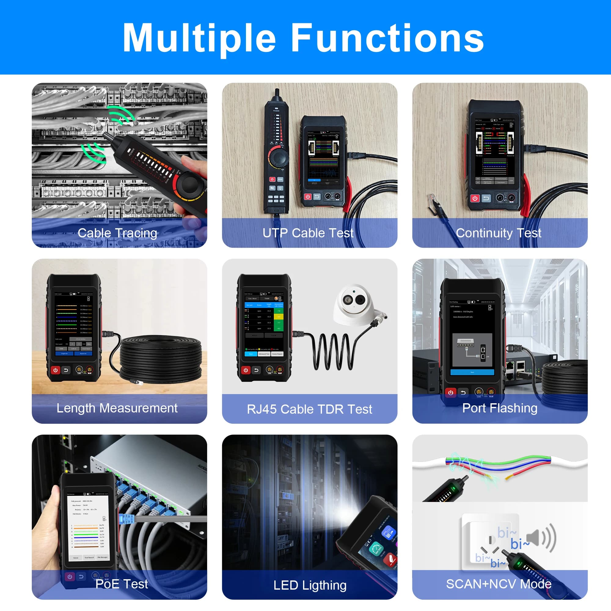 WANGLU Tester per cavi di rete RJ45 Tester per cavi Localizzatore LAN Tester Kit di strumenti di rete Tester per cavi UTP Tester PoE Localizzatore di cavi