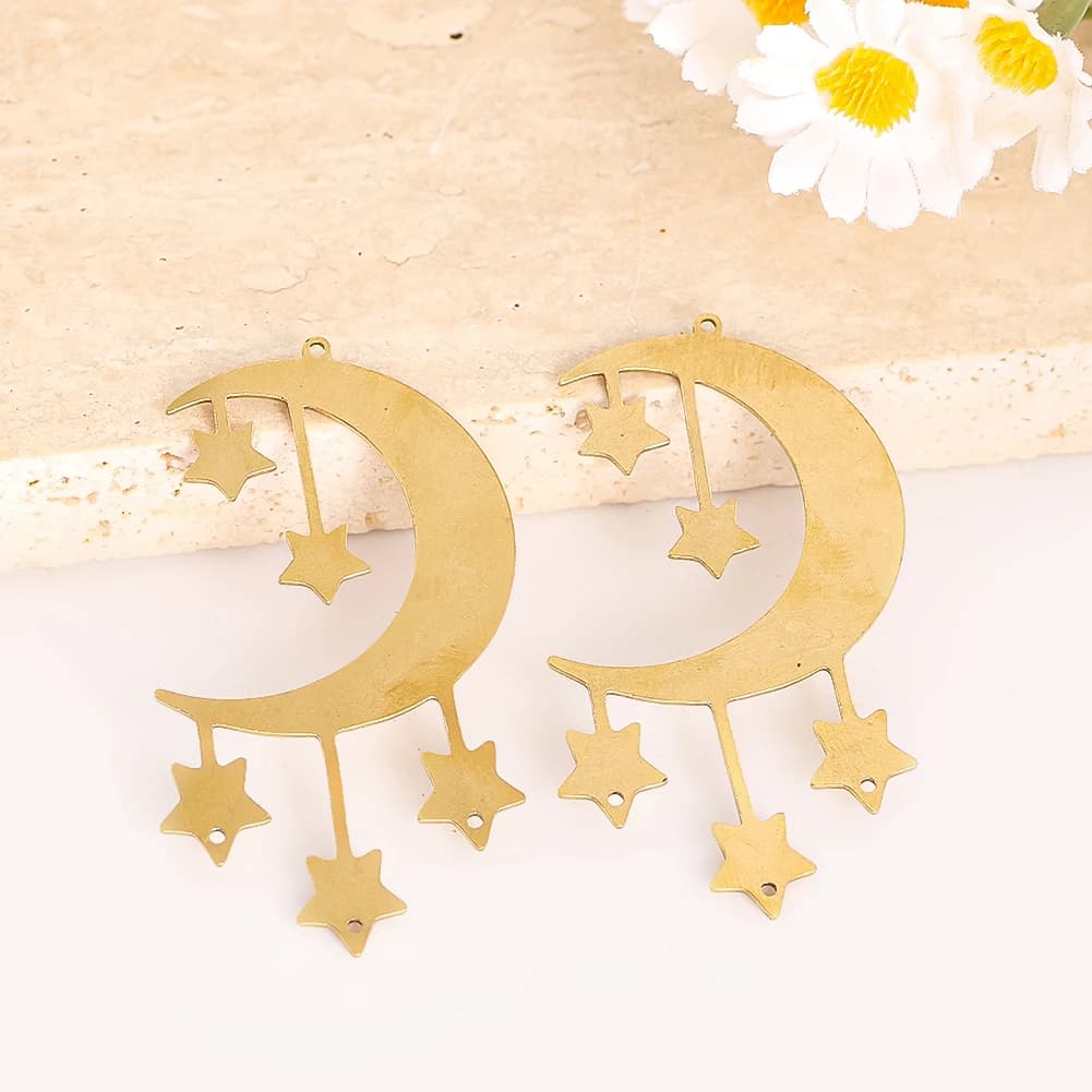 2PCS Brass Moon Star Pendant for DIY Suncatcher Making Supplies Crescent Wind Chimes Hanging Decor Connector Parts Accessories