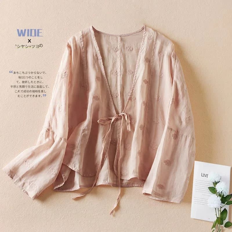 Women's wrapping coats with V-neck, sun protection, semi-transparent fabric with embroidery, oversize Korean style, casual, smock model, summer collection 2026