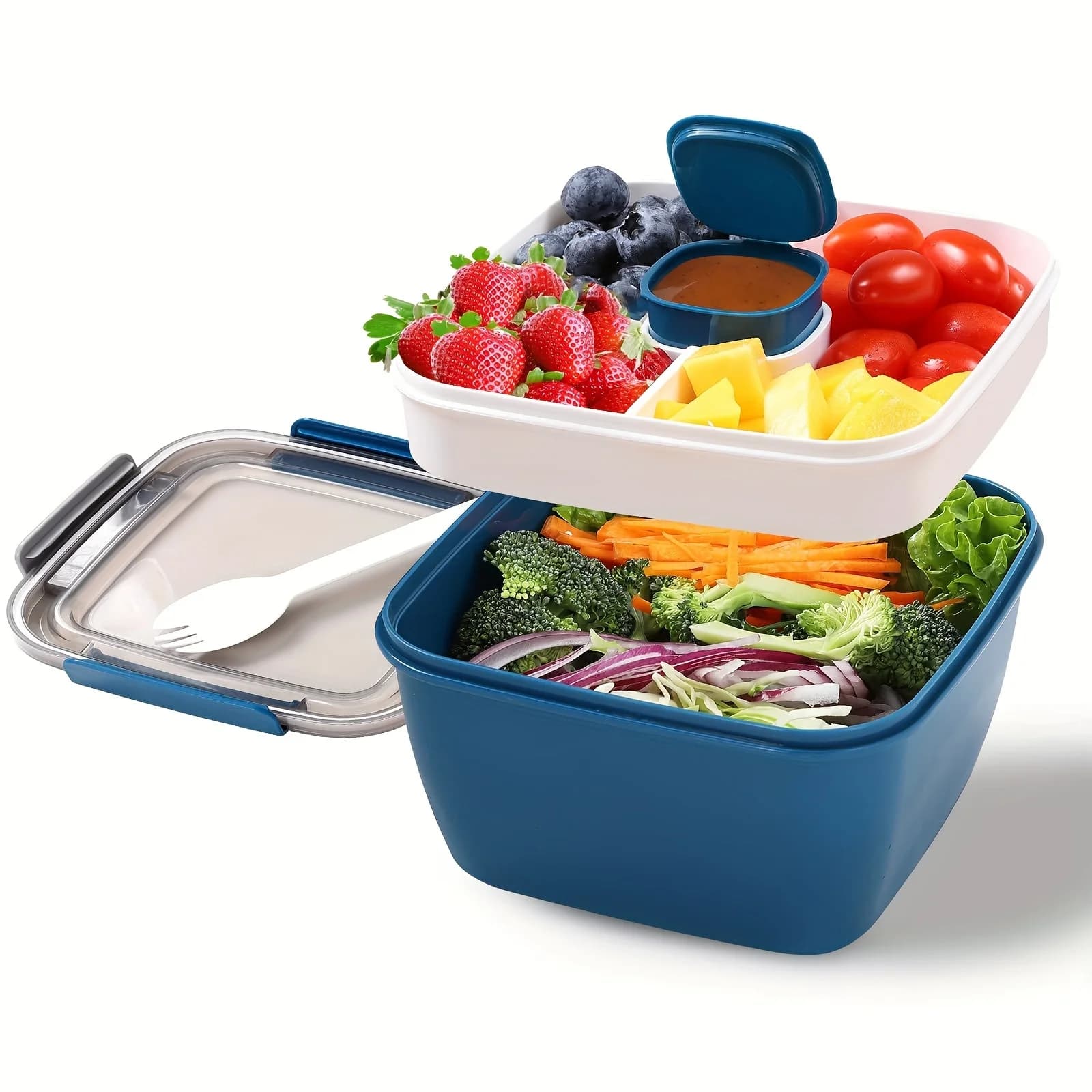 Contenitore Portatile per Insalata con 2 Scomparti, Scatola Bento a Prova di Perdite con Coppa per Salsa e Forchetta, Senza BPA, per Preparazione Pasti