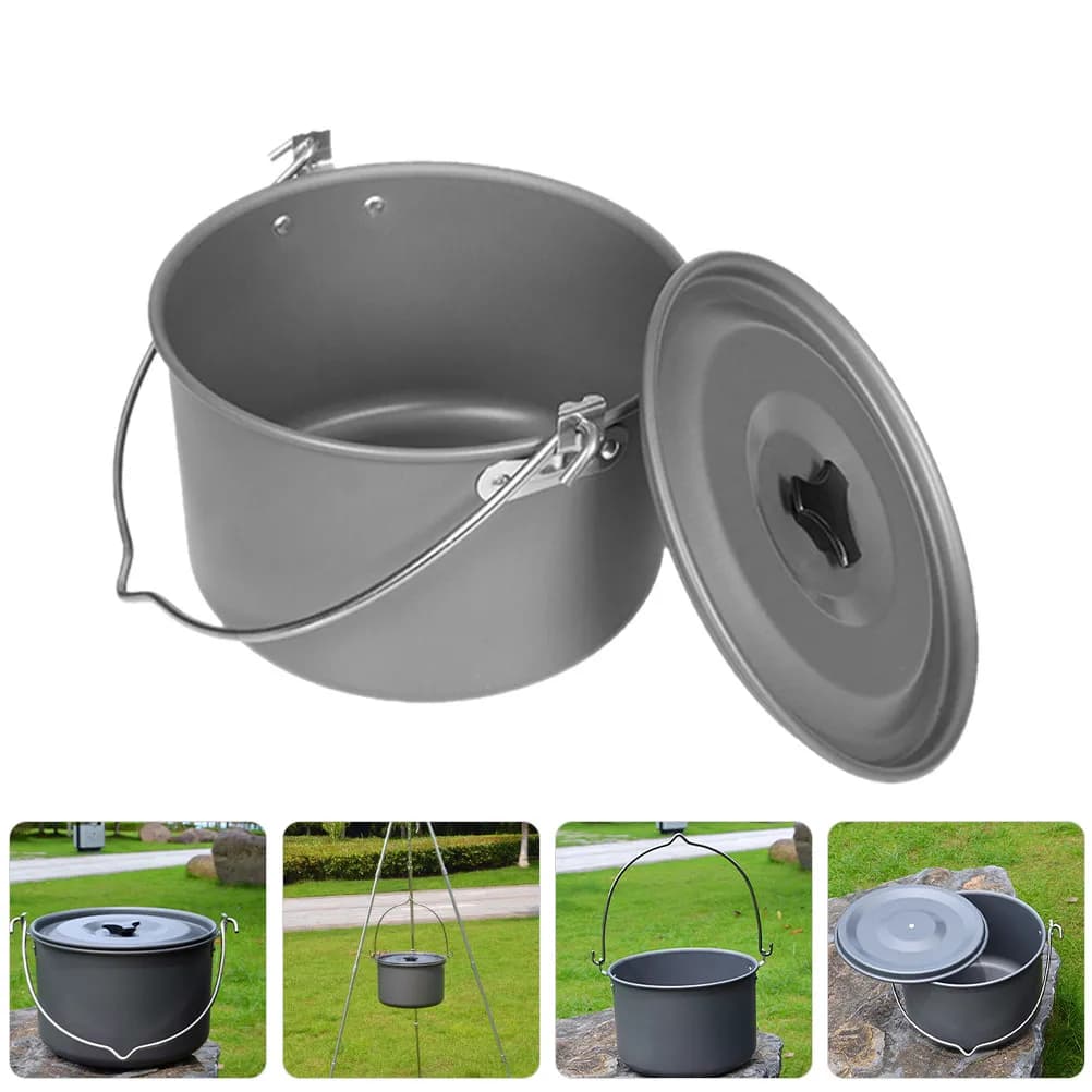 Pentola da Campeggio Grande Portatile in Alluminio con Coperchio, Attrezzatura da Cucina per Esterni, Essenziale per Picnic, Escursioni e Fornelli da Campo