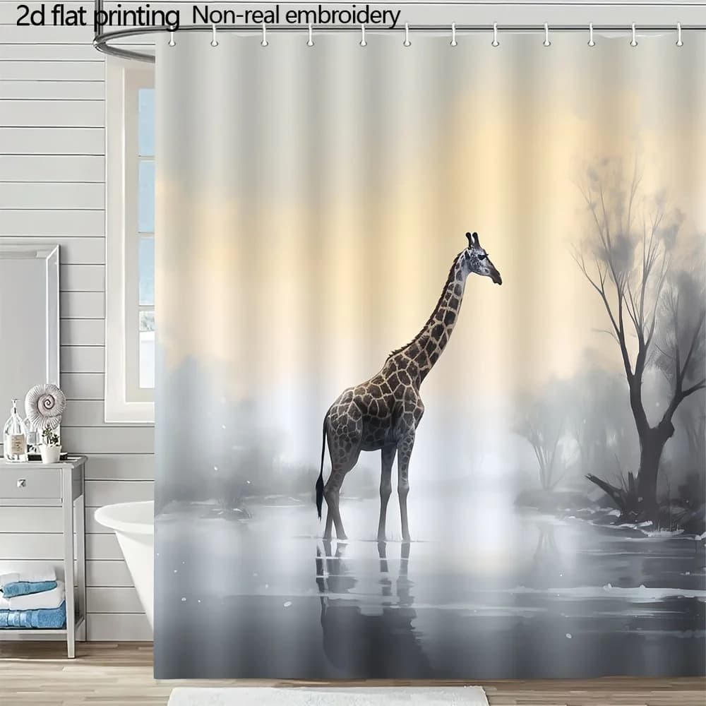 Tenda da doccia con stampa digitale Giraffa nel lago nebbioso, con 12 ganci, per bagno e decorazioni per la casa, in poliestere, stampa piatta 2D, 70,8x70,8 pollici