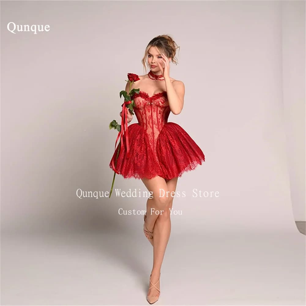 Abito da ballo Qunque rosso con applicazioni in pizzo, scollo a cuore, corto, linea ad A, per invitati a matrimoni, lussuoso abito corto per feste di compleanno, personalizzabile