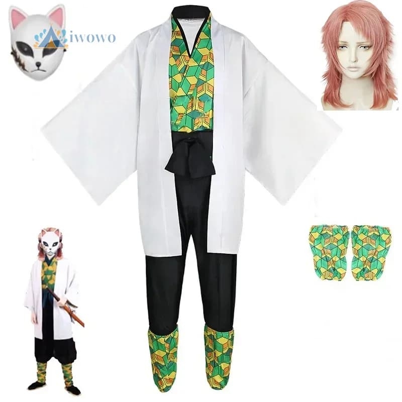 Demon Slayer Anime Kimetsu Sabito Costume Cosplay Kimono Maschera Abito Festa di Halloween per Donne Uomini
