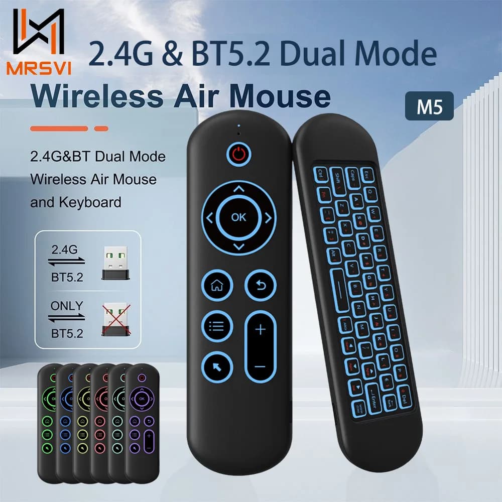 MRSVI M5 Air Mouse telecomando sostitutivo wireless 2.4G Bluetooth con tastiera retroilluminata a 7 colori per Android TV Box