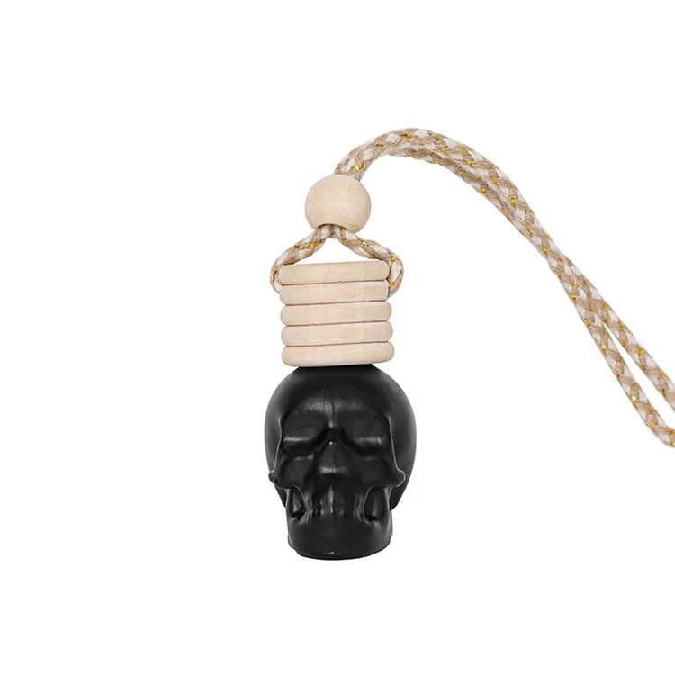 2 Pack Skull Car Essential Oil Diffuser Bottle Wooden Coil Cap Matte Black Rearview Mirror Hanging Ornament Aromatherapy Decor