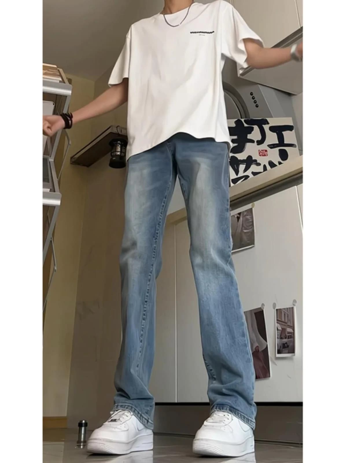 Light Blue High Waist Straight Leg Men's Jeans American Retro High Street Vibe Micro Flared Pants Youth Fashion Cotton Denim