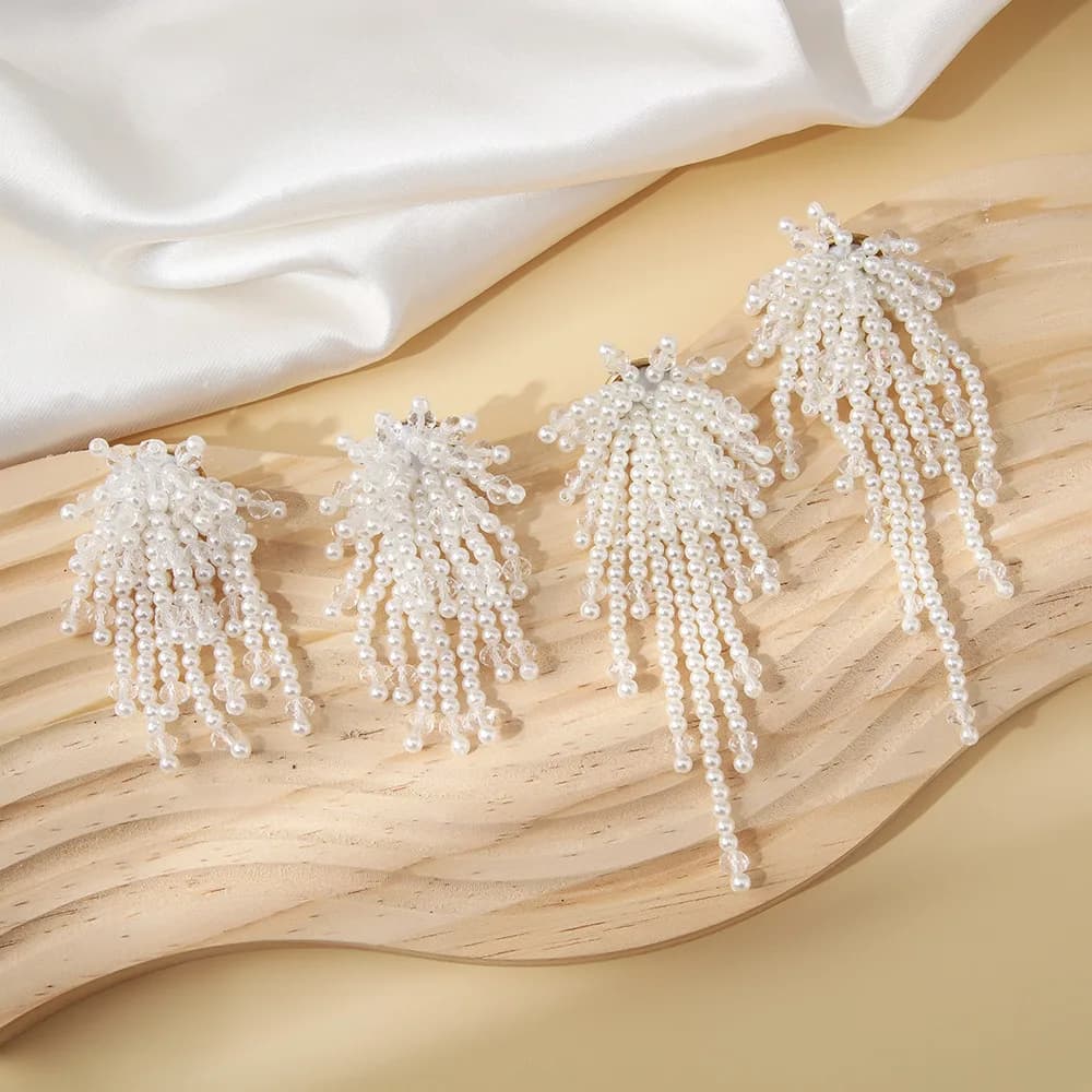 Orecchini lunghi con frange di cristallo di perle Orecchini versatili da donna intrecciati a mano